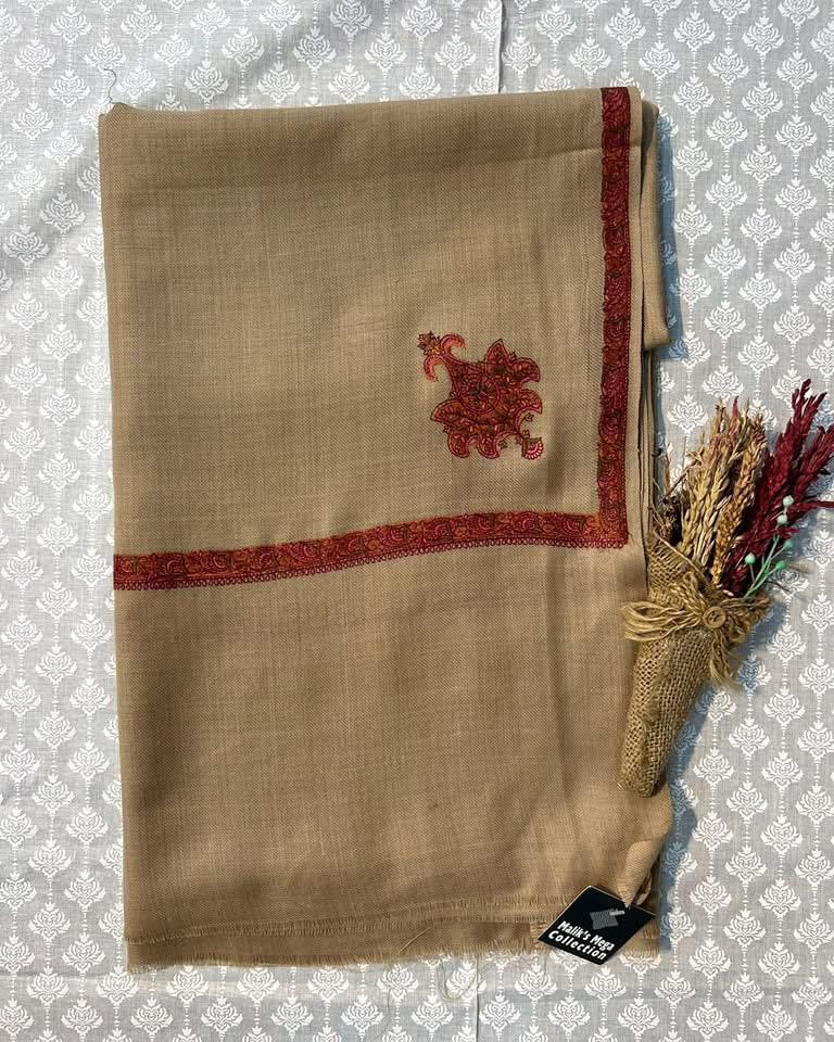 Beige embroidered shawl with red border